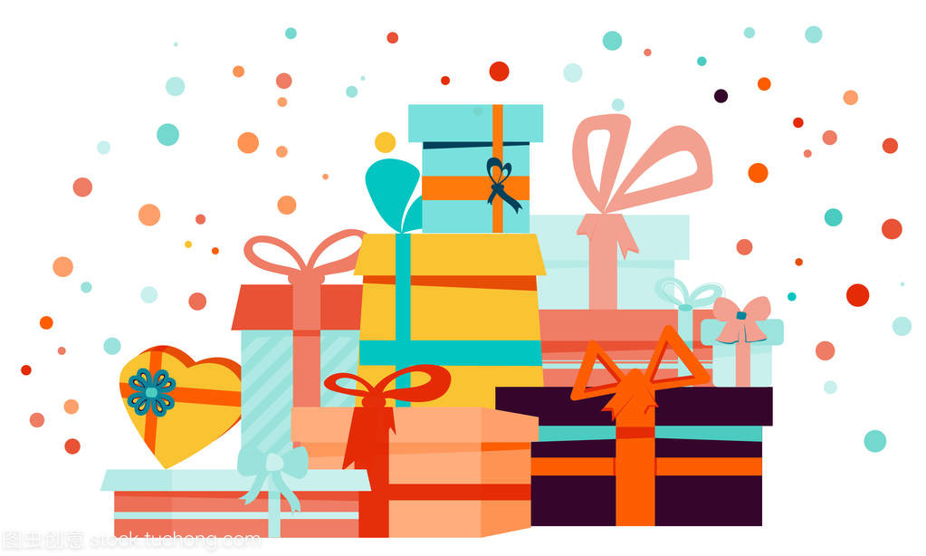 禮品盒卡通套與廣場、 心和圓形狀框和孤立的白色襯底上的紙屑?？梢杂糜诠澣沾黉N,橫幅